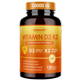 ZEBORA Vitamine D3 K2 10 000 UI 120 capsules vue avant