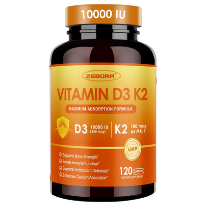 ZEBORA Vitamine D3 K2 10 000 UI 120 capsules vue avant
