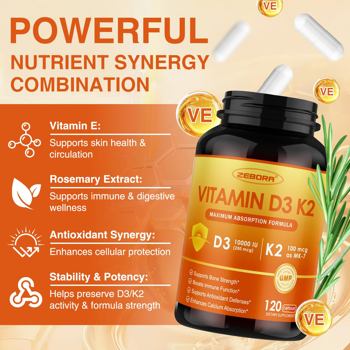 ZEBORA Vitamine D3 K2 10 000 UI 120 capsules vue en gros plan