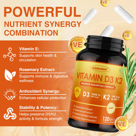 ZEBORA Vitamine D3 K2 10 000 UI 120 capsules vue en gros plan