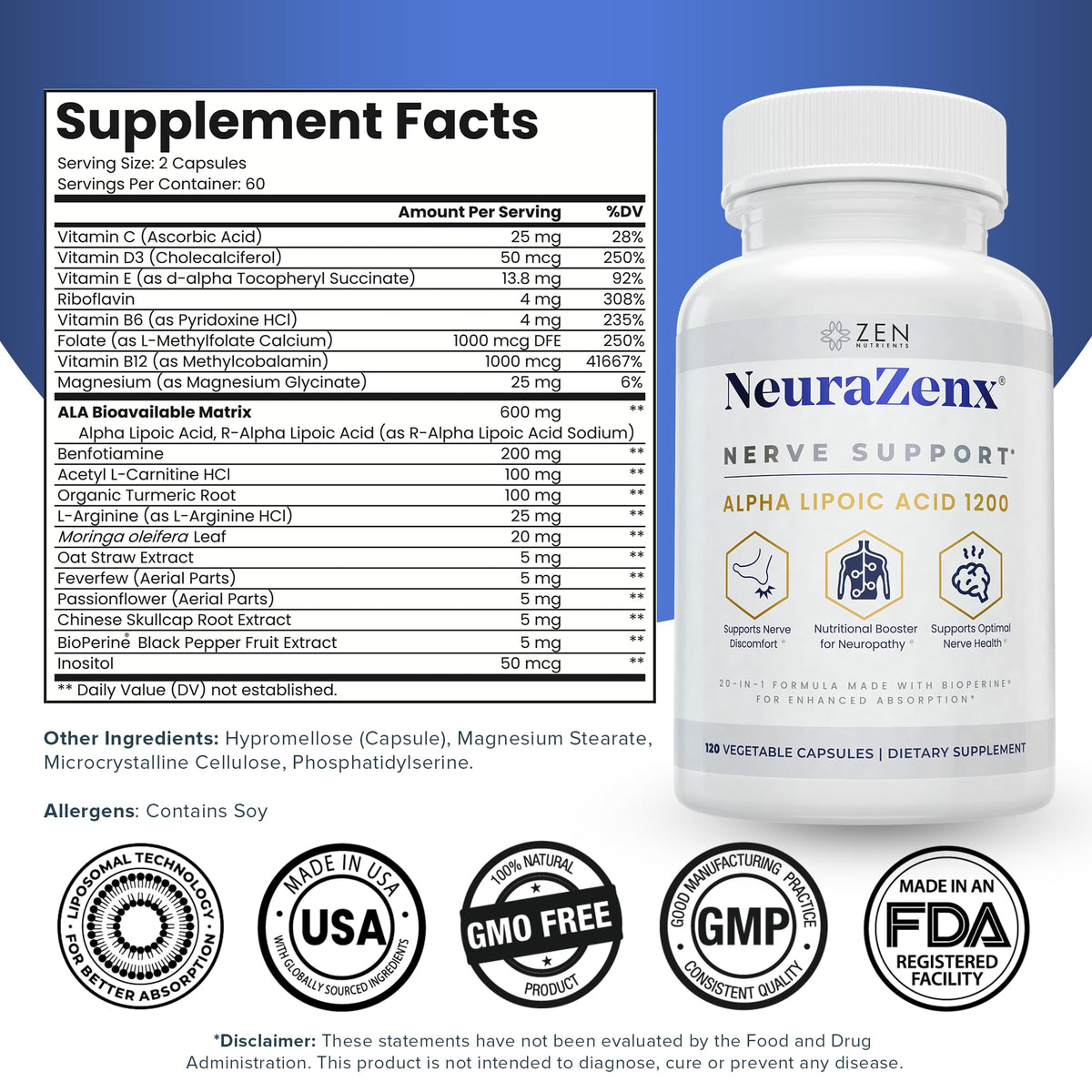 Zen Nutrients NeuraZenX complément nerveux avec ingrédients affichés