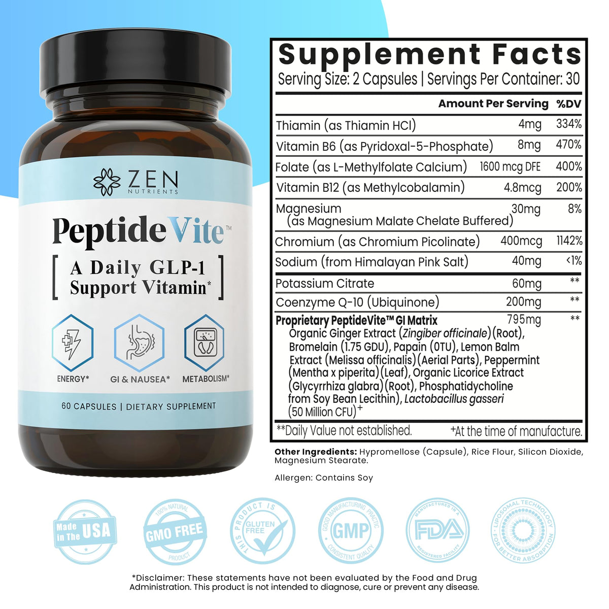 Zen Nutrients PeptideVite ingrédients sur l'étiquette