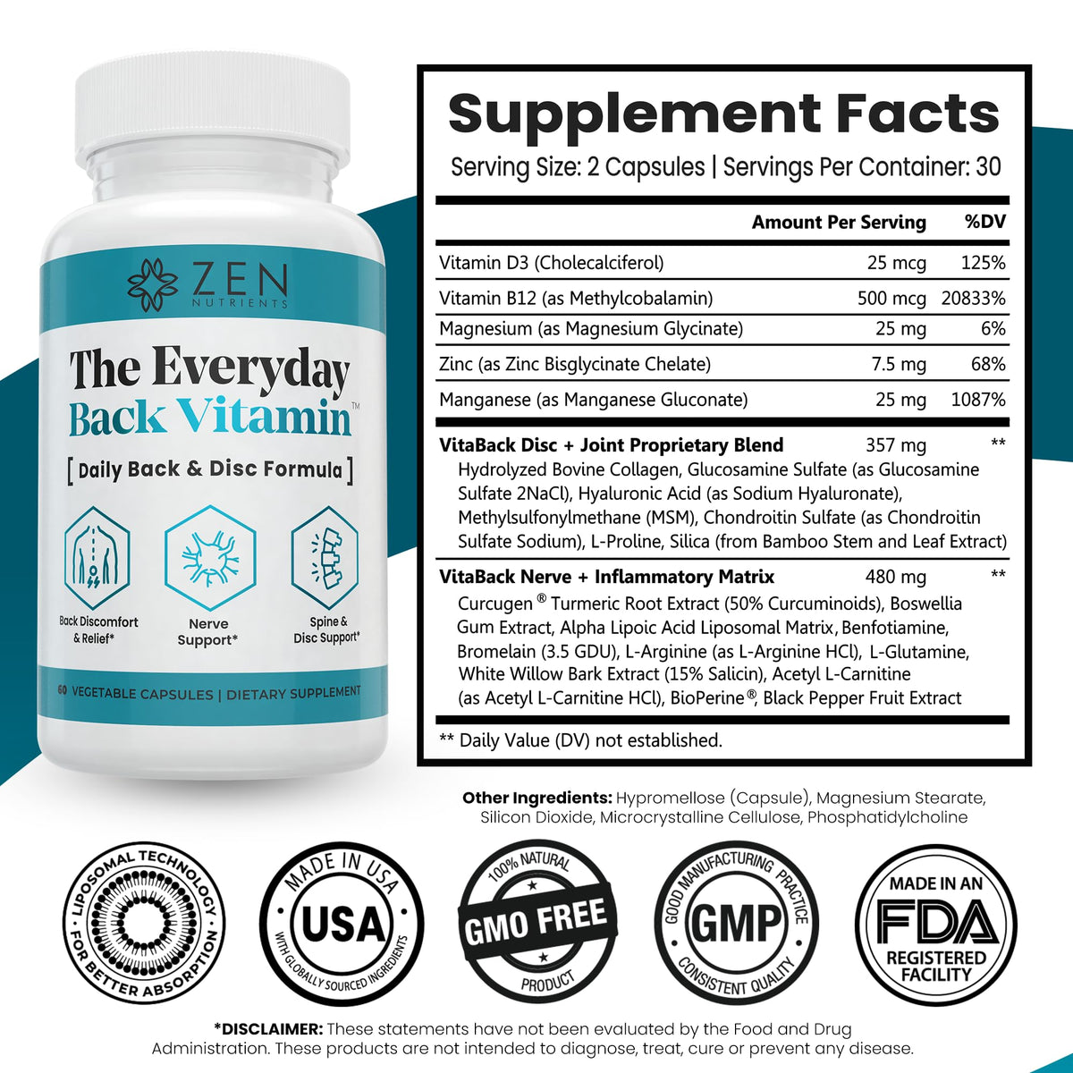 Zen Nutrients Soutien du Dos 60 Capsules côté avec étiquette