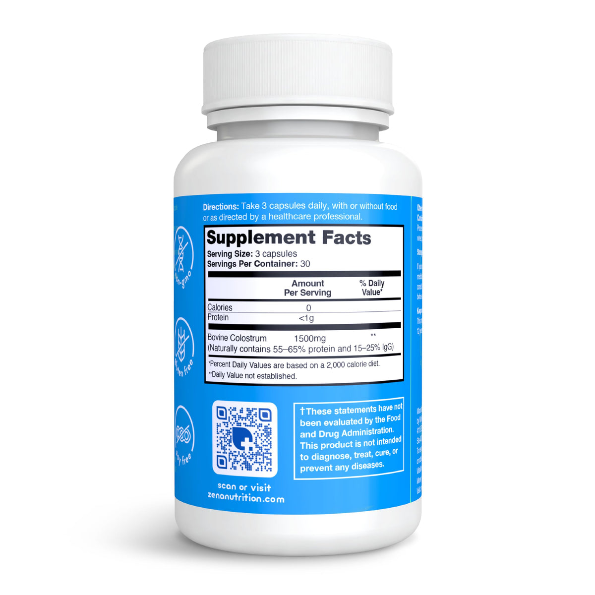 Zena Nutrition Capsules de Colostrum Pur 1500mg, flacon avec capsules