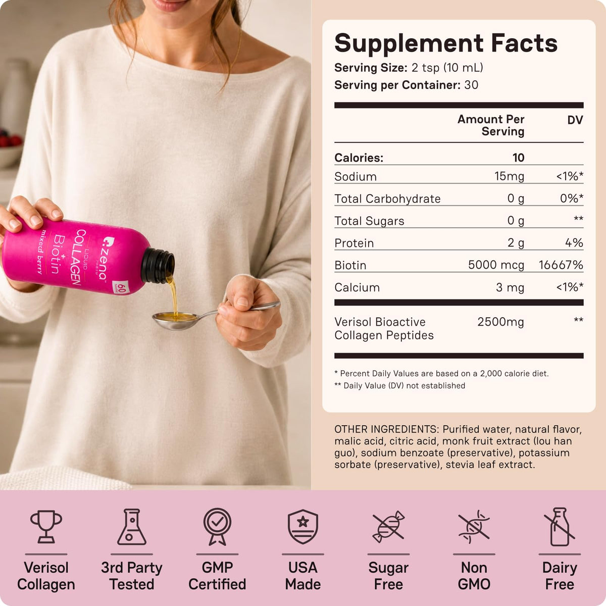 Zena Nutrition Collagène Liquide 2500mg sur fond de marbre