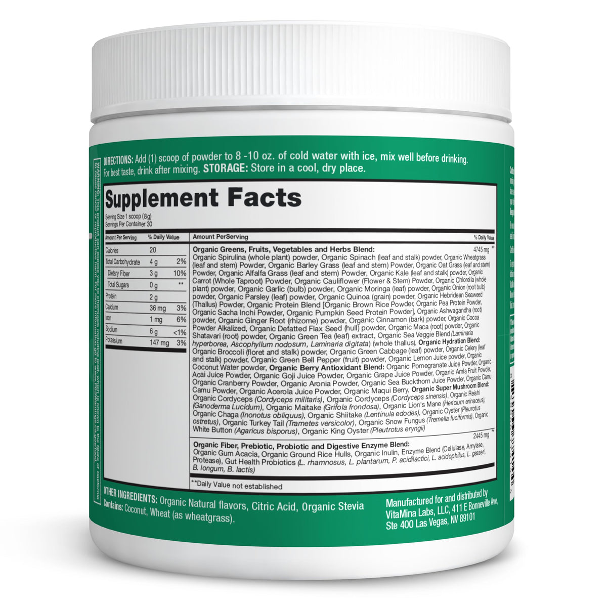 Zena Nutrition Poudre de Super Aliments Bio 299g dans un verre