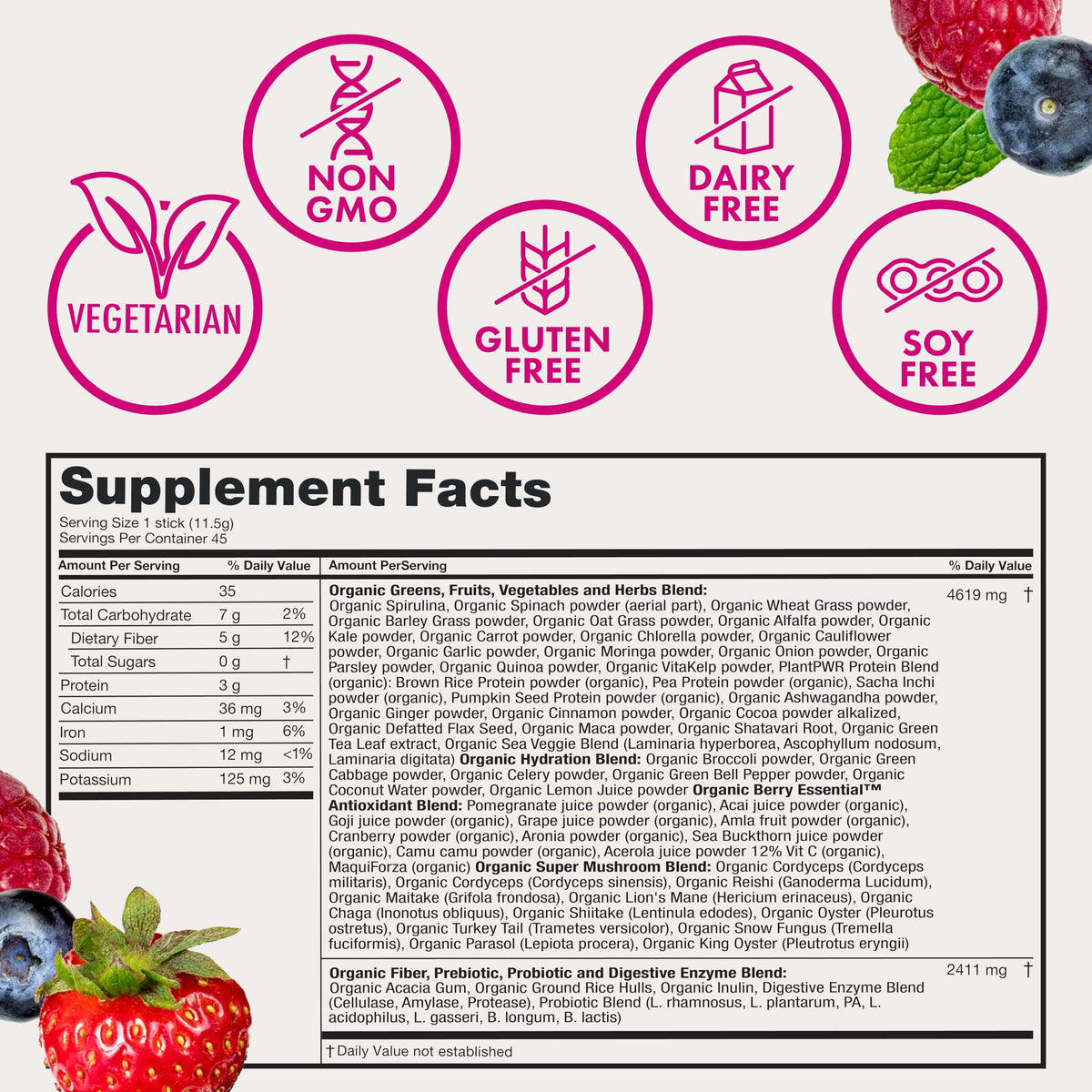 Zena Nutrition Poudre de Super Aliments Bio 590g sur table