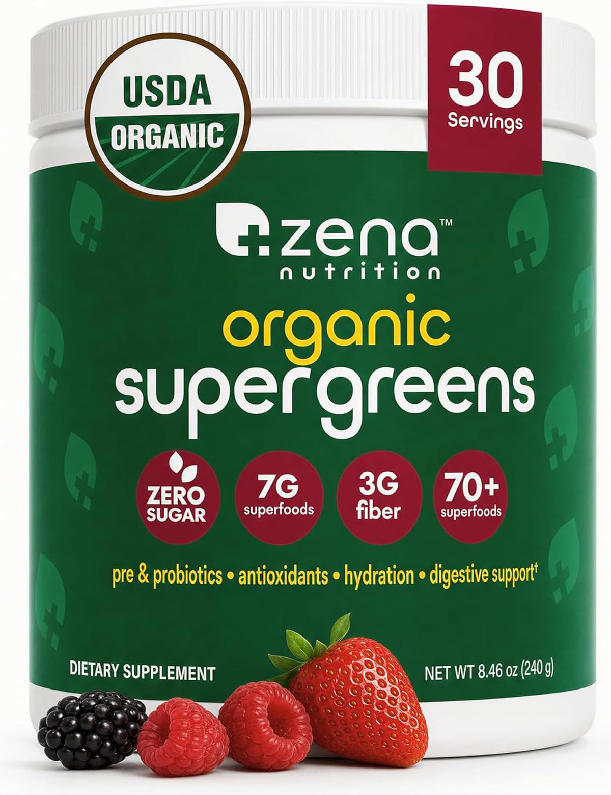 Zena Nutrition Poudre de Super Greens Bio 70+ Super-aliments vue de face