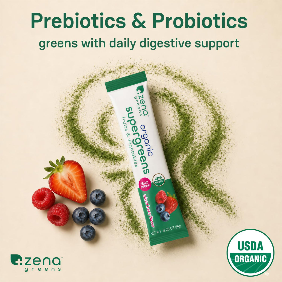 Zena Nutrition Poudre de Super Greens Bio avec mention USDA Bio