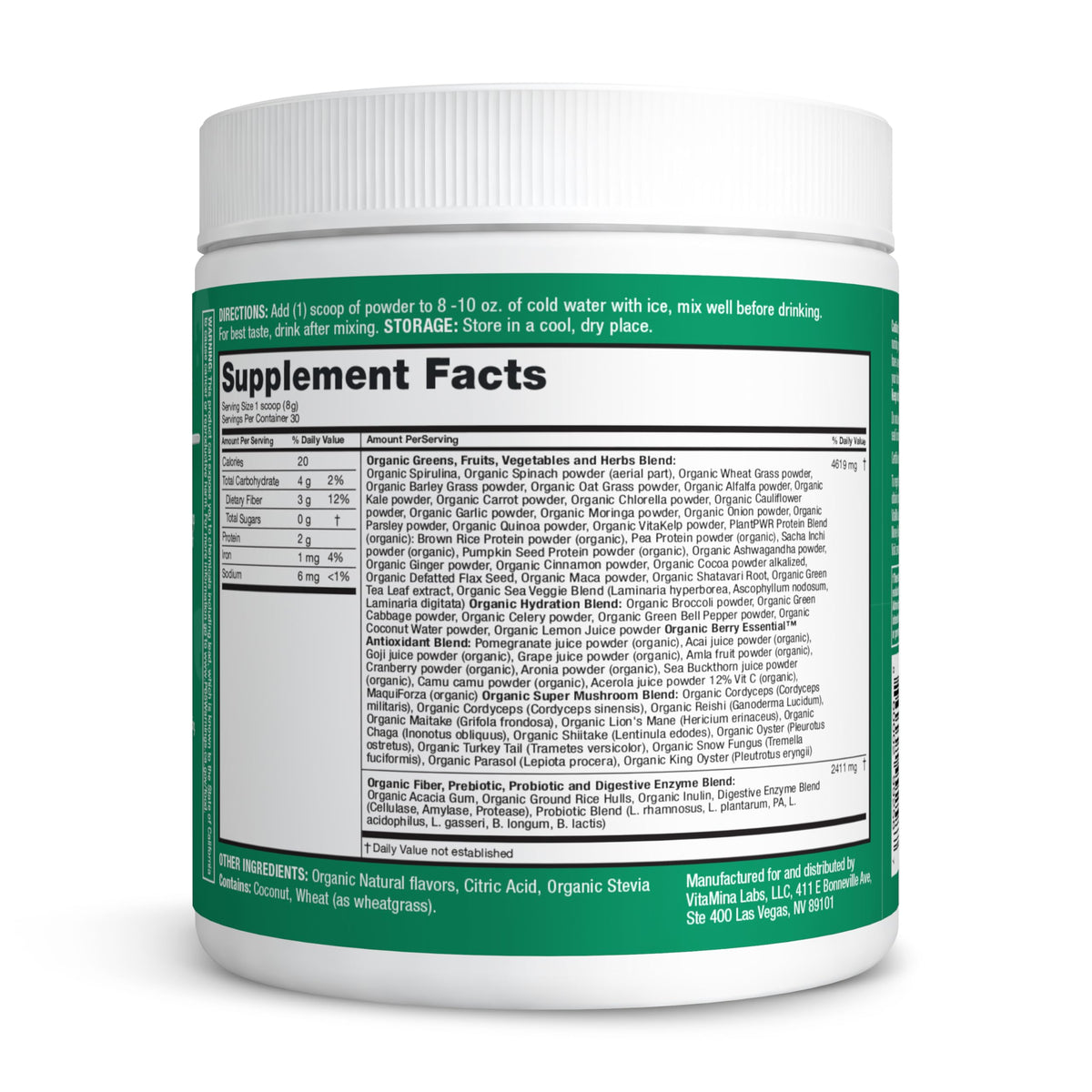 Zena Nutrition Poudre de Super Greens Bio sur une table avec des fruits