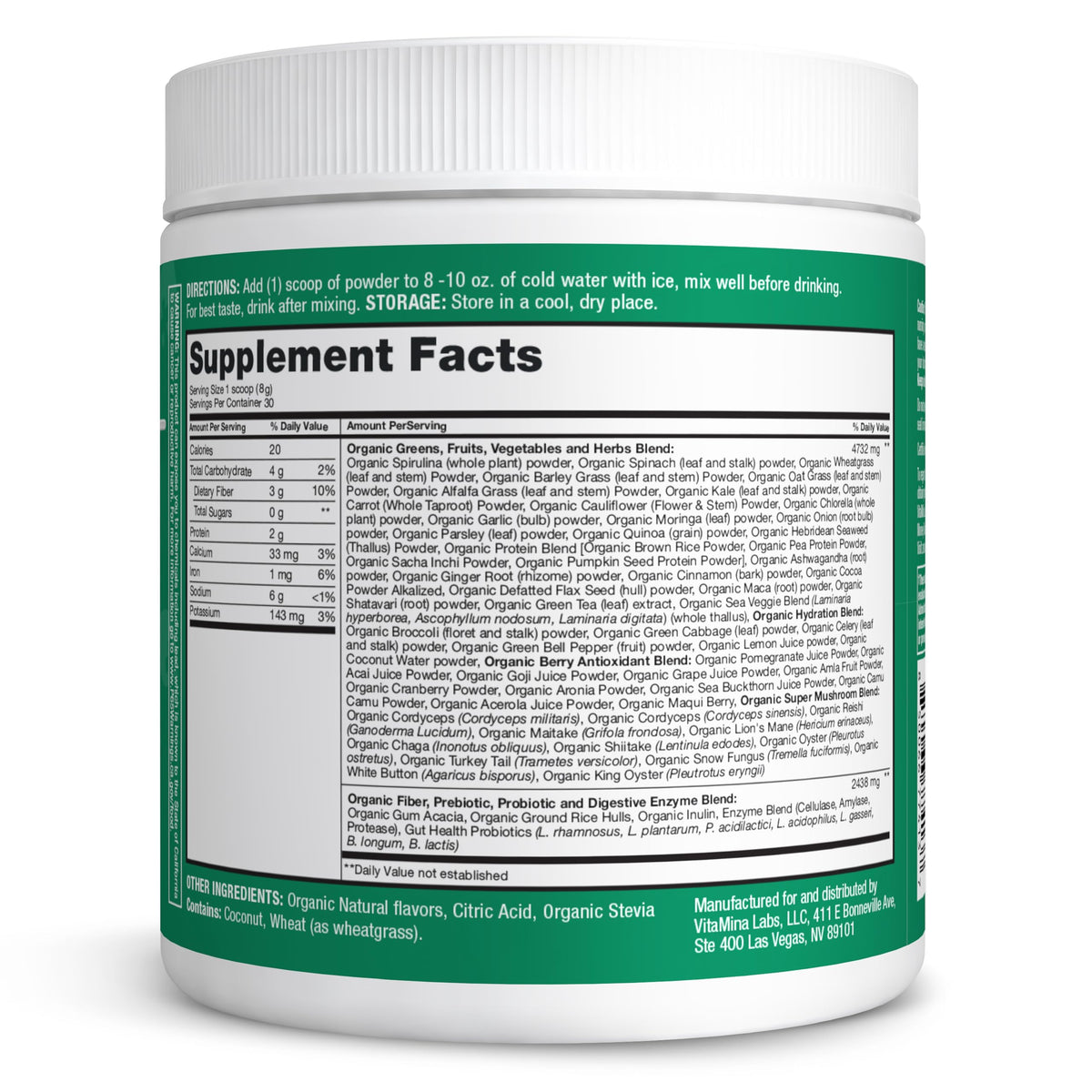 Zena Nutrition Poudre Super Greens Bio 70+ Superaliments 299g sur une table