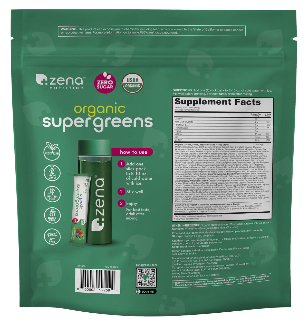 Zena Nutrition Poudre Super Greens Bio emballage et sachets