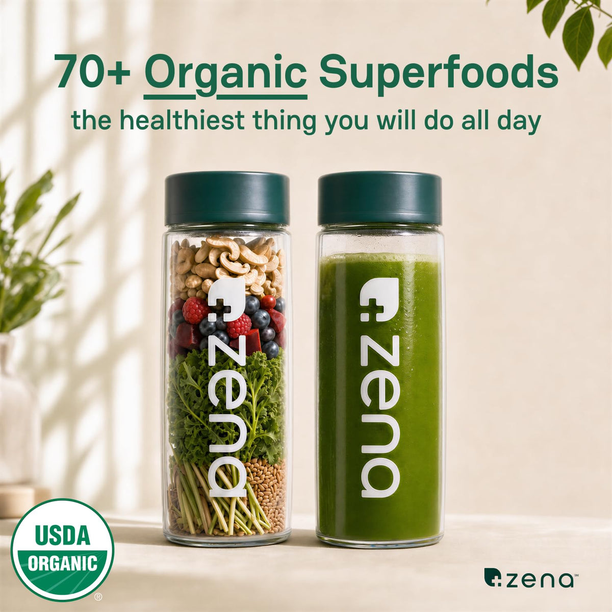 Zena Nutrition Super Greens capsules sur une table