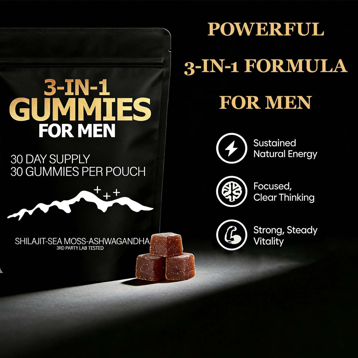 Zenith Gummies 3 en 1, gummies dorés sur fond blanc