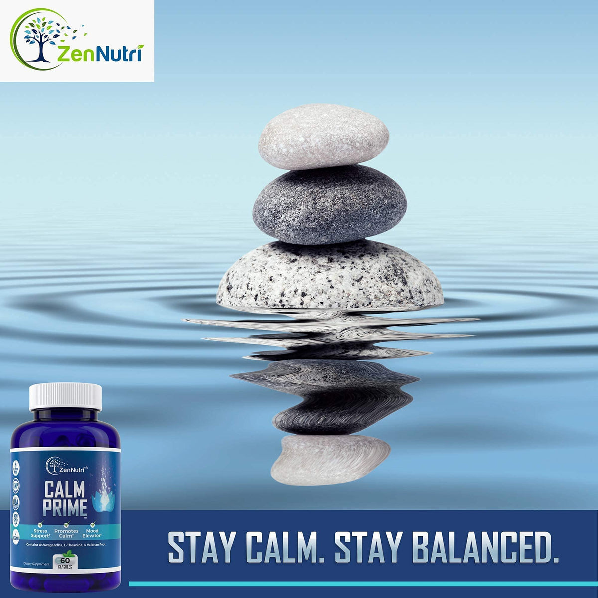 ZenNutri Calm 60 Capsules avec un verre d'eau à côté