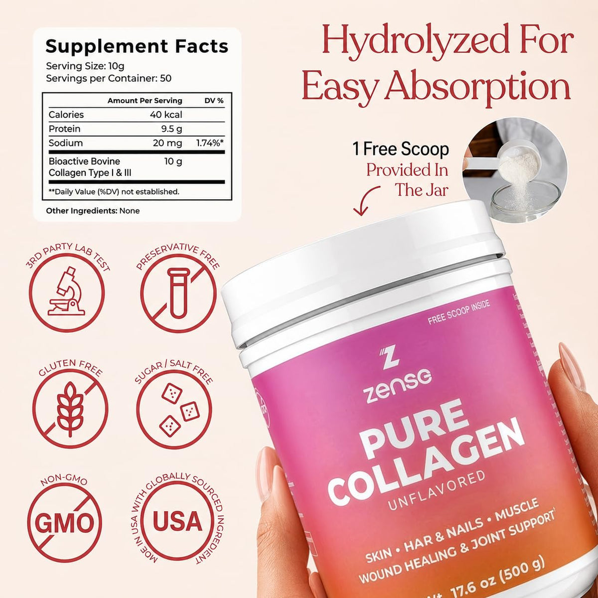 ZENSE Poudre de Collagène Hydrolysé 500 g avec cuillère