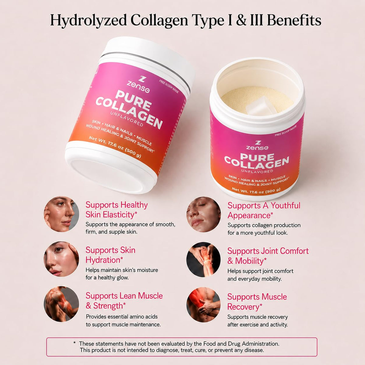 ZENSE Poudre de Collagène Hydrolysé 500 g et ingrédients naturels