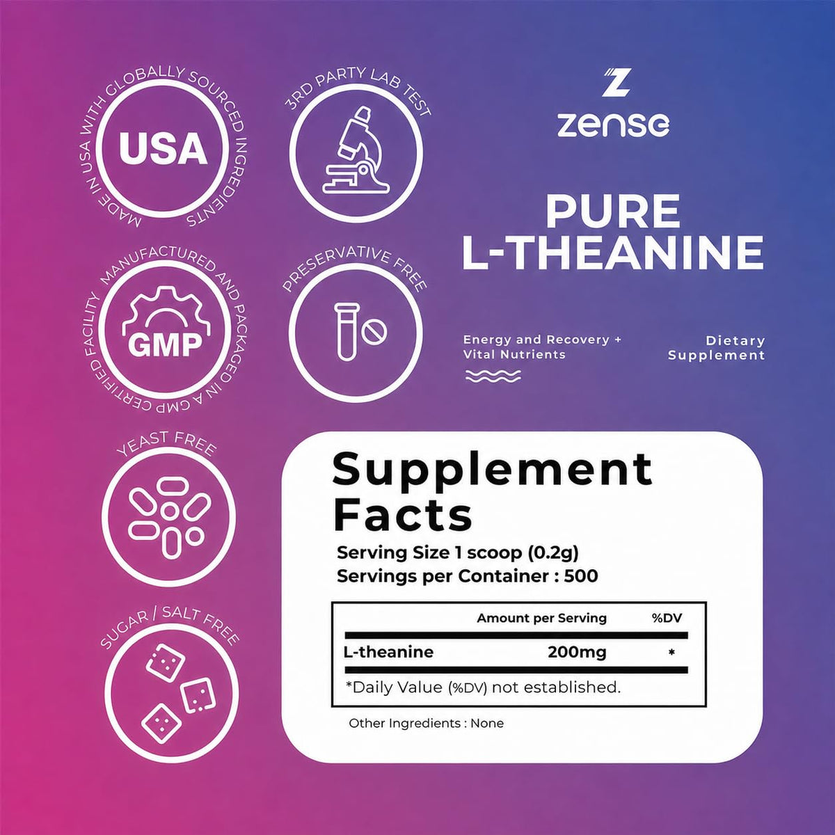 ZENSE Poudre de L-Théanine Pure 100g avec des ingrédients naturels en arrière-plan