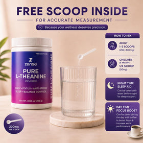 ZENSE Poudre de L-Théanine Pure 100g sur une table avec un verre d'eau