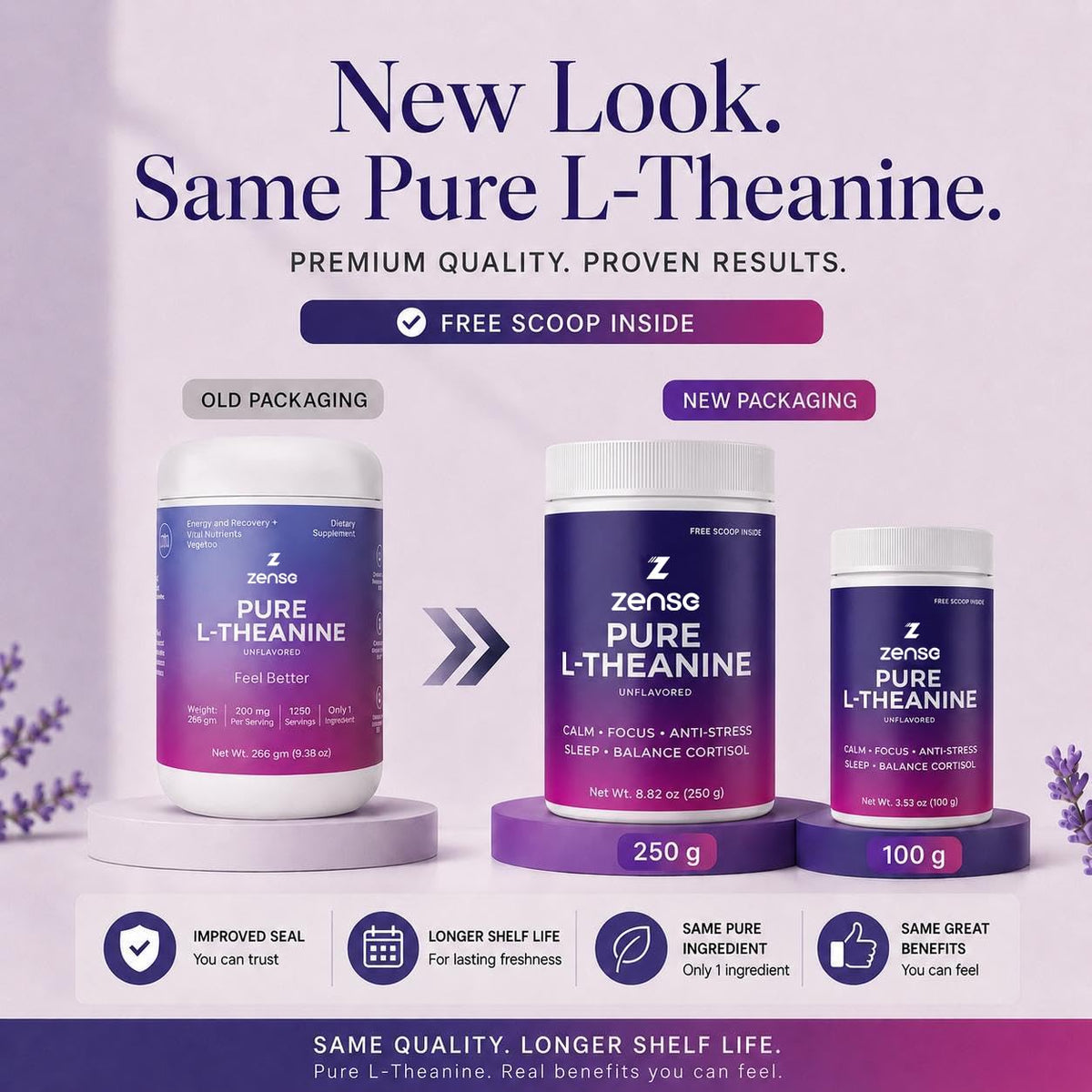 ZENSE Poudre de L-Théanine Pure 100g vue de dos avec informations nutritionnelles