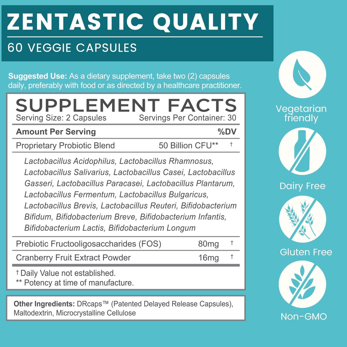 Zentastic Complément Alimentaire Probiotiques 50 Milliards CFU capsules végétales