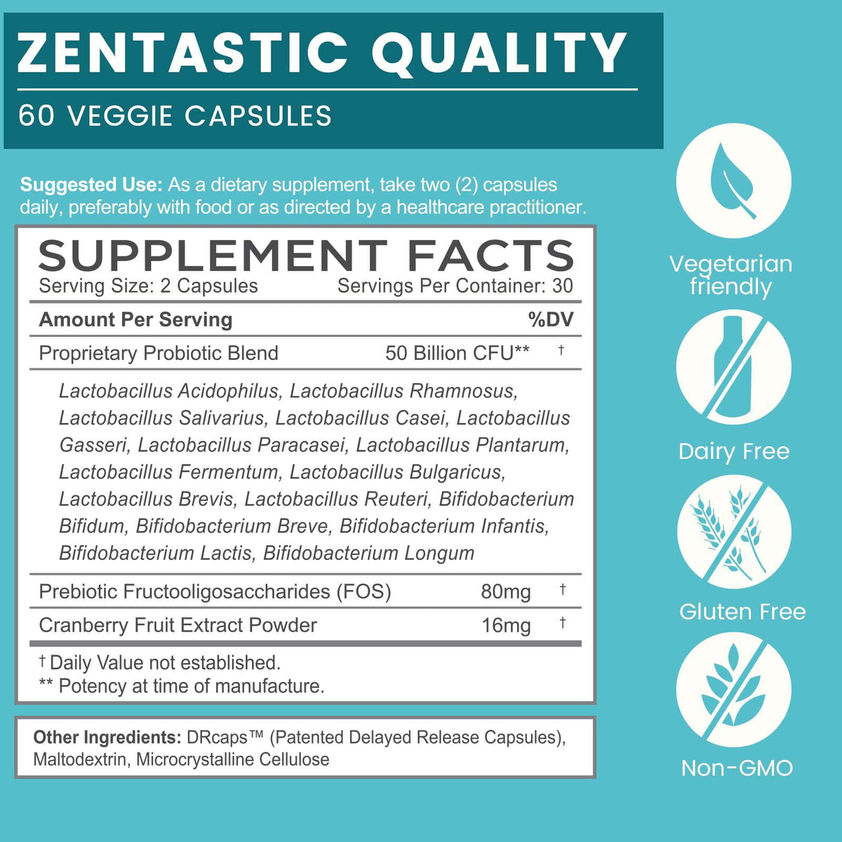 Zentastic Probiotiques capsules végétales avec étiquette