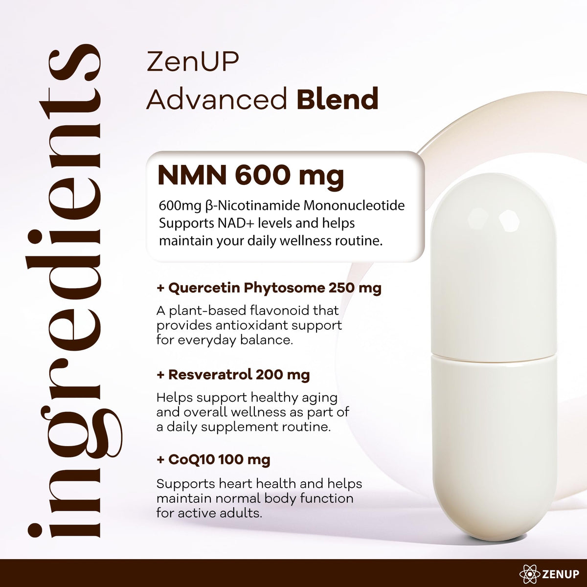 ZenUP Complément NMN 1200mg, gélules sur une surface blanche