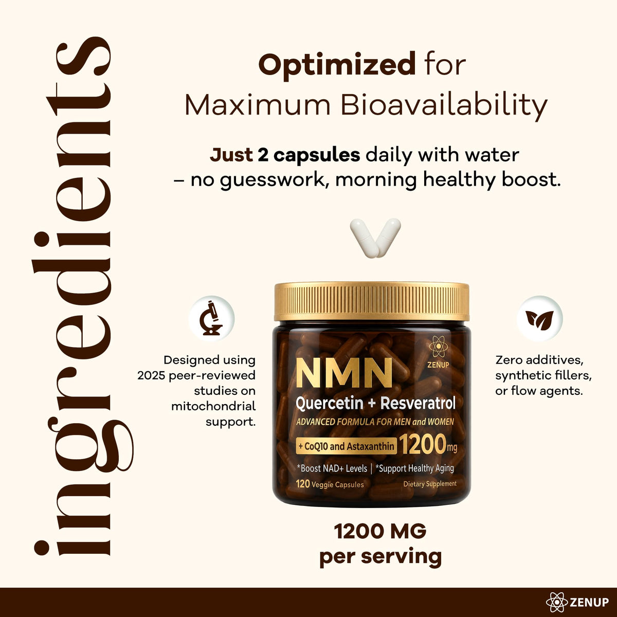 ZenUP Complément NMN 1200mg, vue arrière de la bouteille