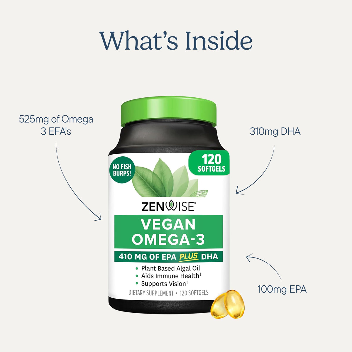 Zenwise Health Omega 3 Vegan, gélules sur une surface blanche