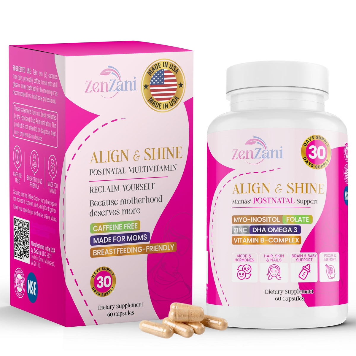 Zenzani Align & Shine vitamines postnatales 60 capsules vue de face