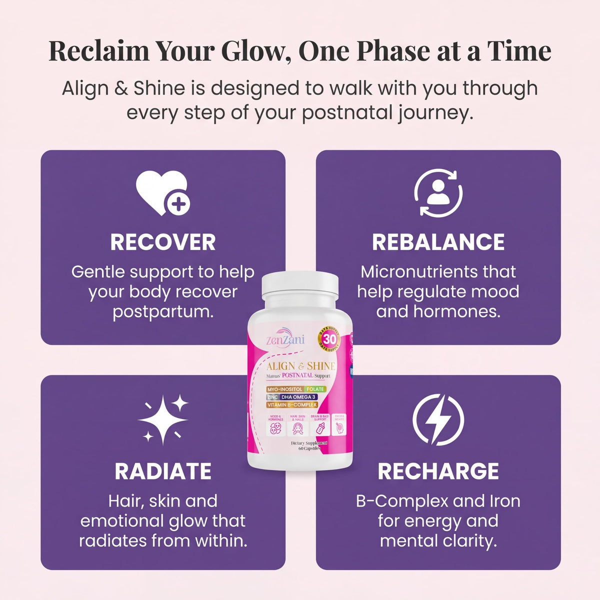 Zenzani Align & Shine vitamines postnatales ouvertes pour montrer les capsules