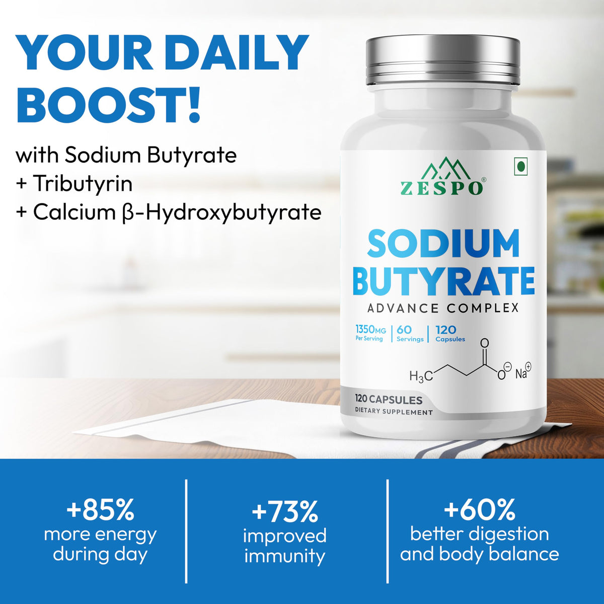 Zespo Sodium Butyrate 1000 mg 120 capsules vegan bottle with label