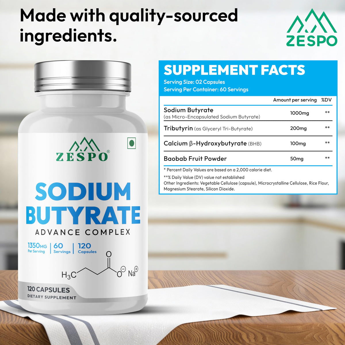 Zespo Sodium Butyrate 1000 mg 120 capsules vegan side view