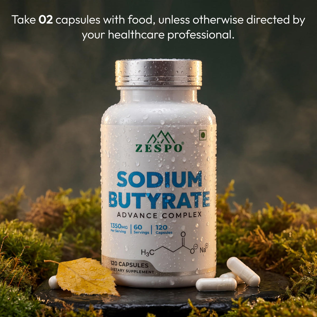 Zespo Sodium Butyrate 1000 mg capsules on a wooden table