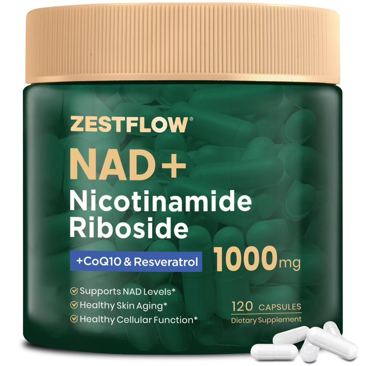 ZESTFLOW Complément NAD+ 1000 mg vue avant avec capsules