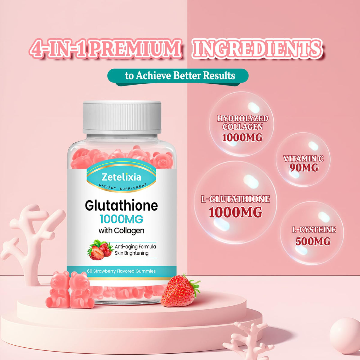 Zetelixia Gummies Collagène Glutathion gummies à côté d'un verre d'eau
