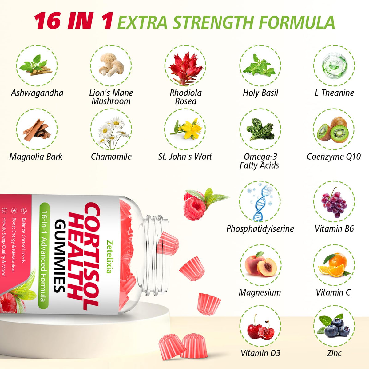 Zetelixia Gummies Cortisol ingrédients sur l'emballage