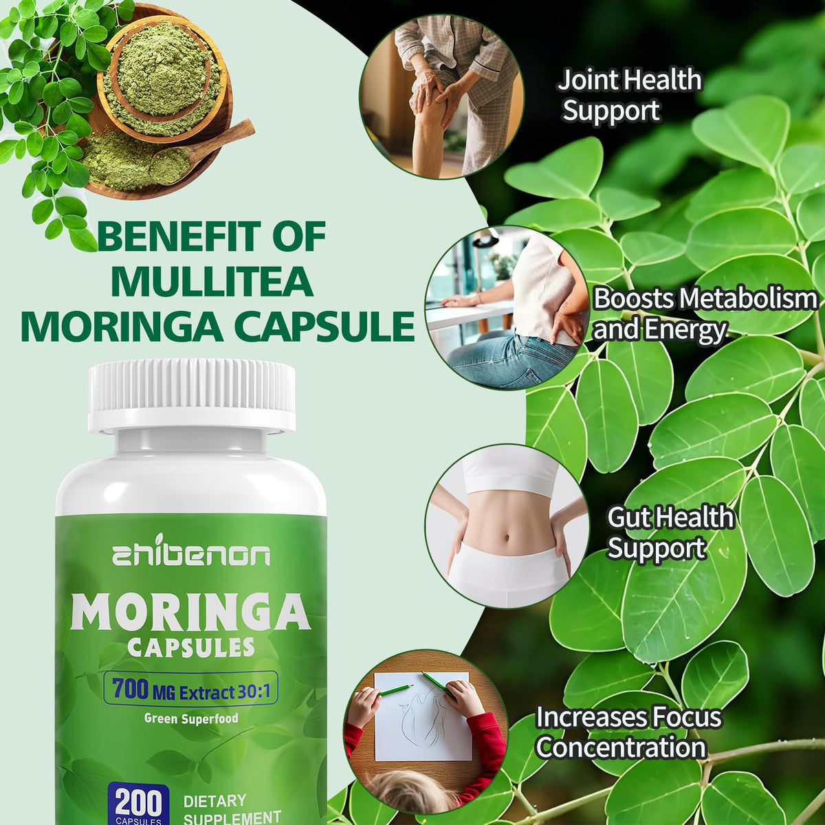 Zhibenon Extrait de Moringa avec étiquette visible