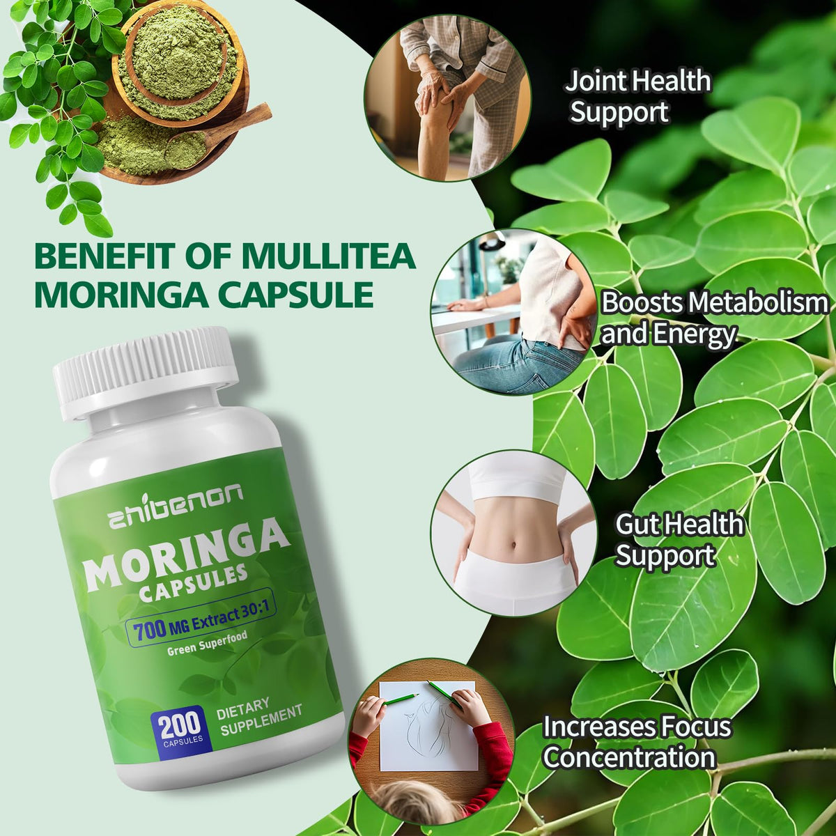 Zhibenon Extrait de Moringa Oleifera 700 mg capsules en gros plan