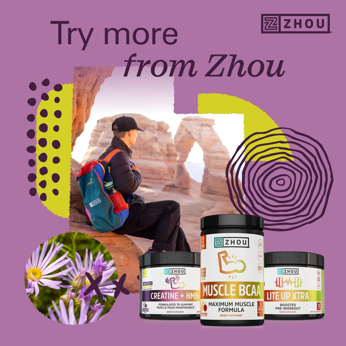 ZHOU Creatine Plus HMB Poudre - présentation avec fruits framboise et passion