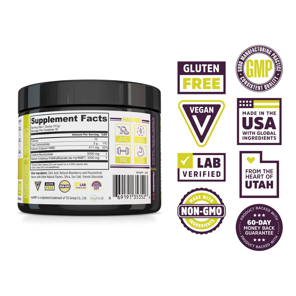 ZHOU Creatine Plus HMB Poudre - vue arrière avec informations nutritionnelles