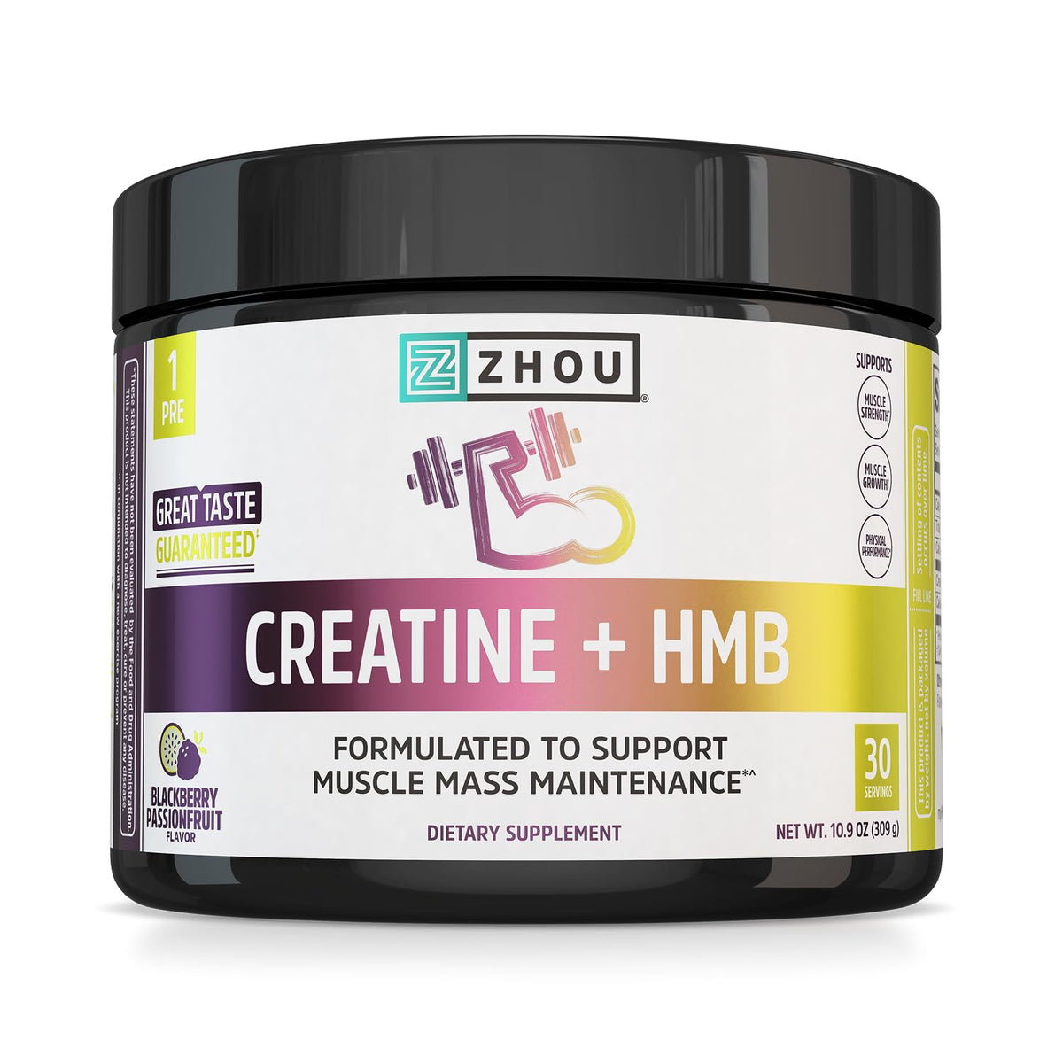 ZHOU Creatine Plus HMB Poudre - vue avant avec étiquette framboise passion