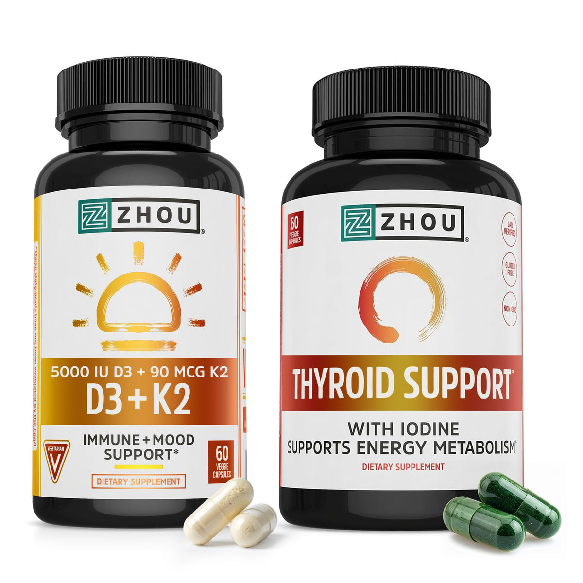 ZHOU D3 + K2 et soutien thyroïdien 120 capsules - vue de face