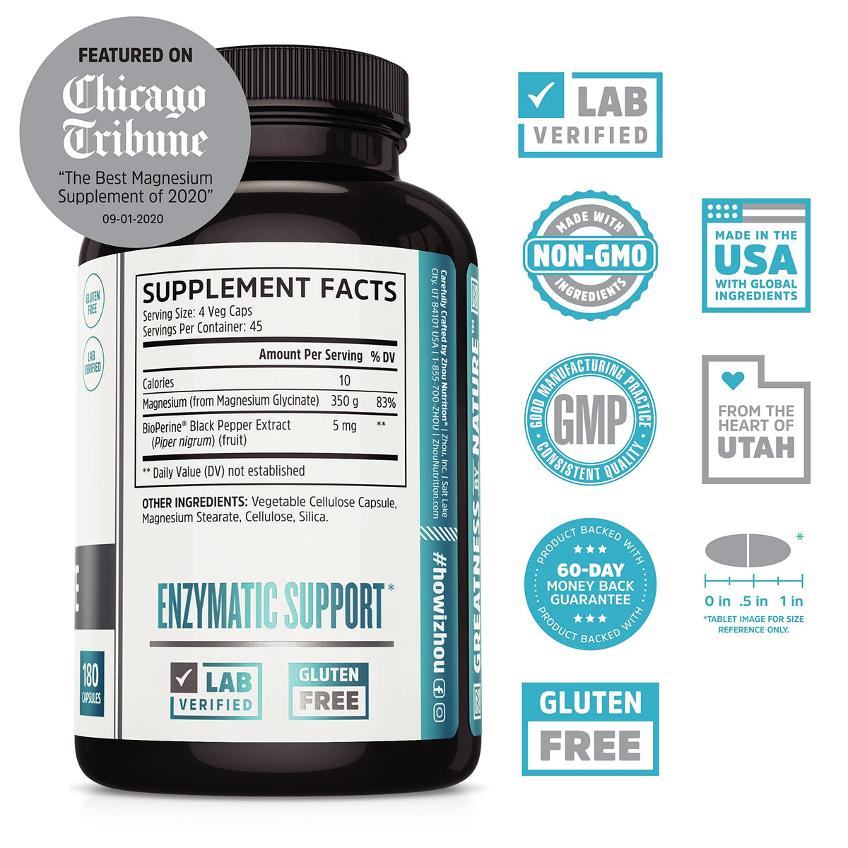 ZHOU Magnesium Glycinate 350 mg capsules en gros plan