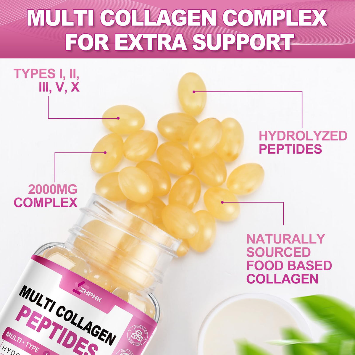 ZHPHK Collagène Hydrolysé Multi-Collagène 2000mg - vue latérale de la bouteille