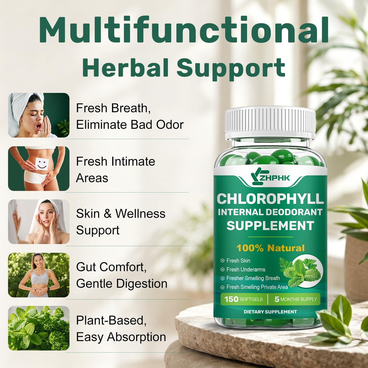 ZHPHK complément alimentaire chlorophylle capsules ouvertes