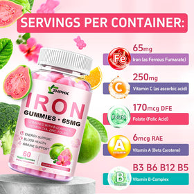 ZHPHK Gummies Fer 65mg, gélules à la fraise et hibiscus