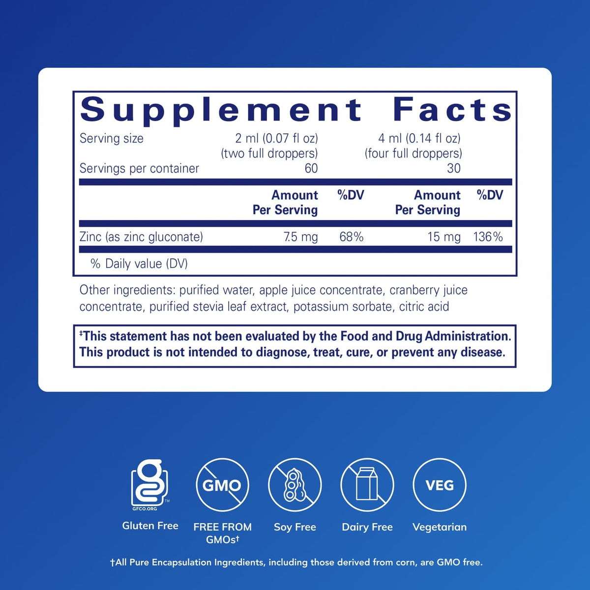 Zinc Liquide 15 mg Pure Encapsulations étiquette avec dosage