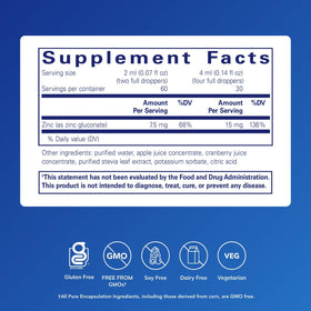 Zinc Liquide 15 mg Pure Encapsulations étiquette avec dosage