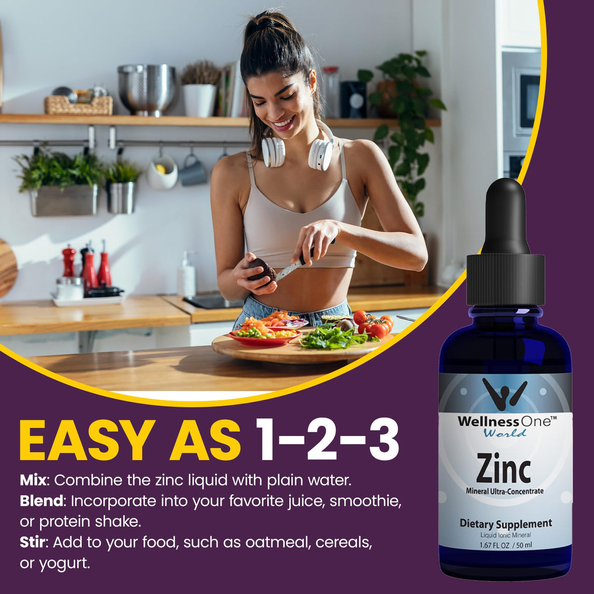 Zinc Liquide WellnessOne 50 ml avec gouttes sur une cuillère